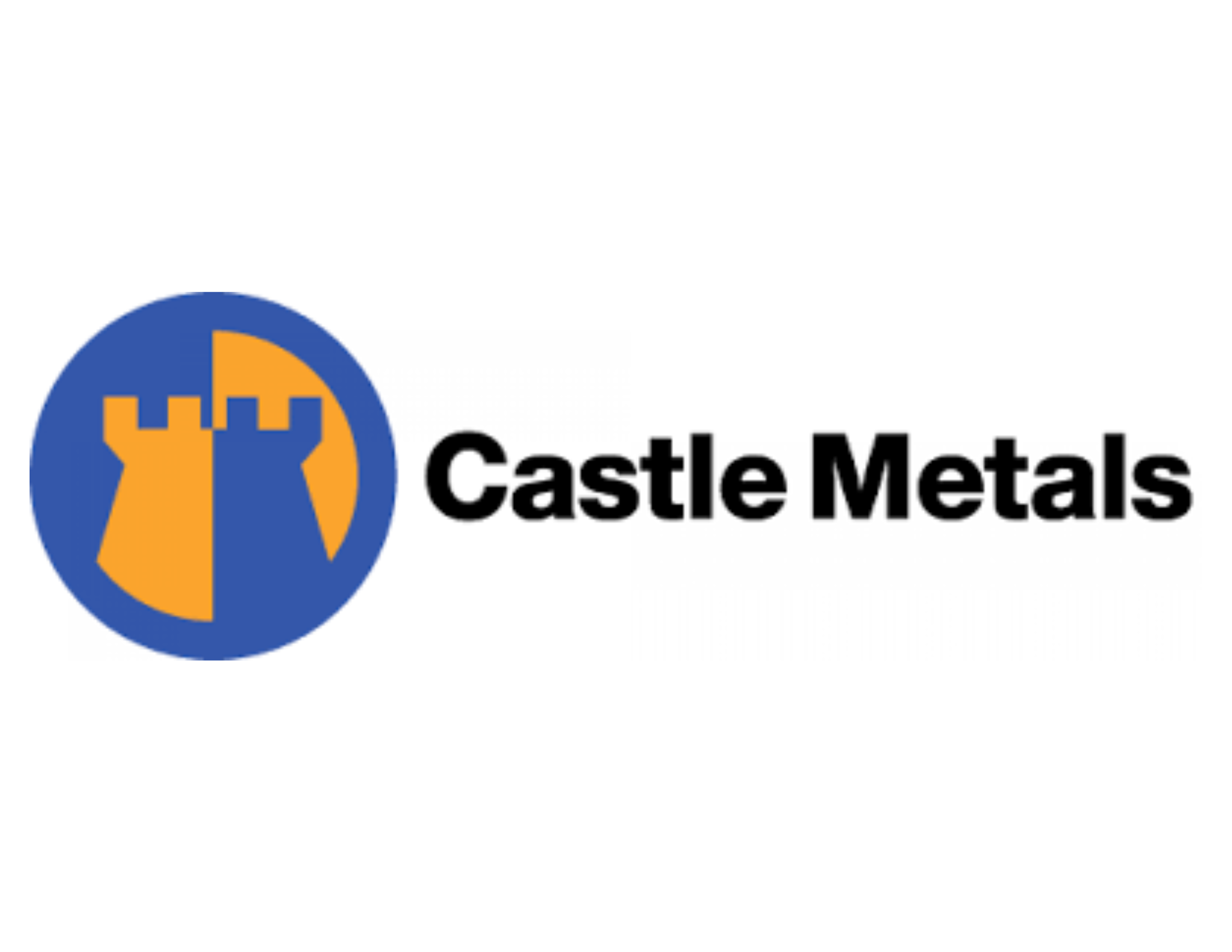 The image displays a logo featuring a stylized castle silhouette in yellow with a blue background, next to the words 
