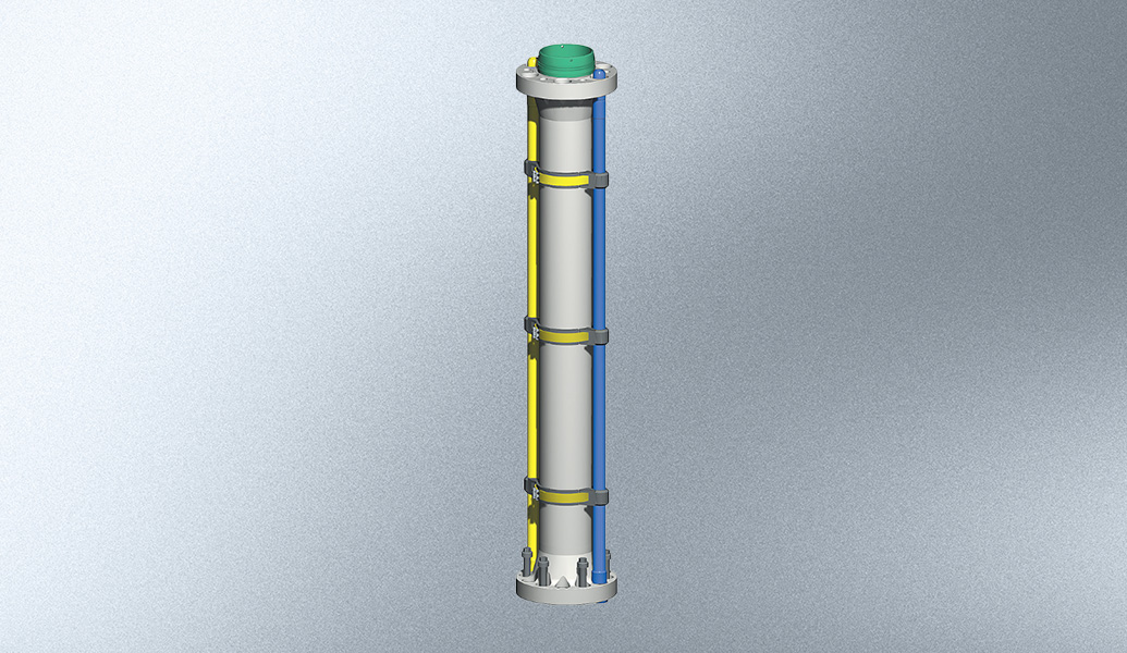 This is a 3D rendering of a cylindrical mechanical device with a green top, yellow bands, and a metallic body, possibly a piston or a hydraulic component, on a grey background.