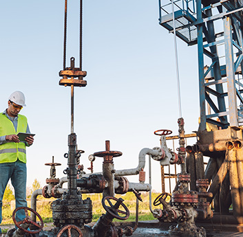 A person in a hard hat and reflective vest stands near oil drilling valves, checking a device, with a derrick structure visible in the background.