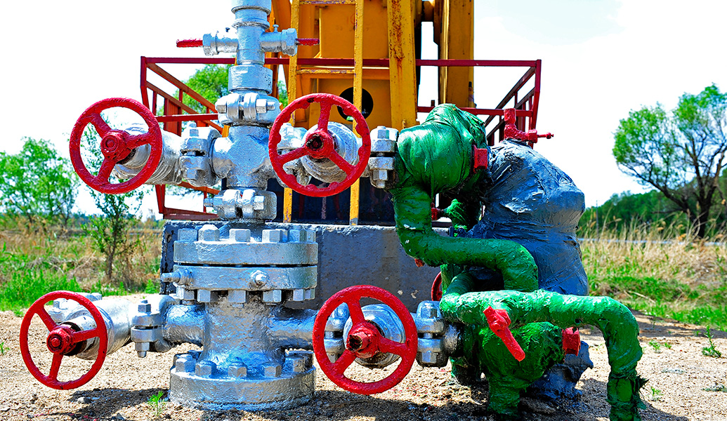 An industrial setup with a collection of brightly colored valves and pipes, likely part of an oil or gas extraction system, under a clear sky.