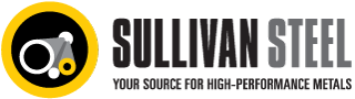 This image displays a company logo for Sullivan Steel with a black and yellow color scheme, featuring a steel bearing, and a tagline mentioning high-performance metals.